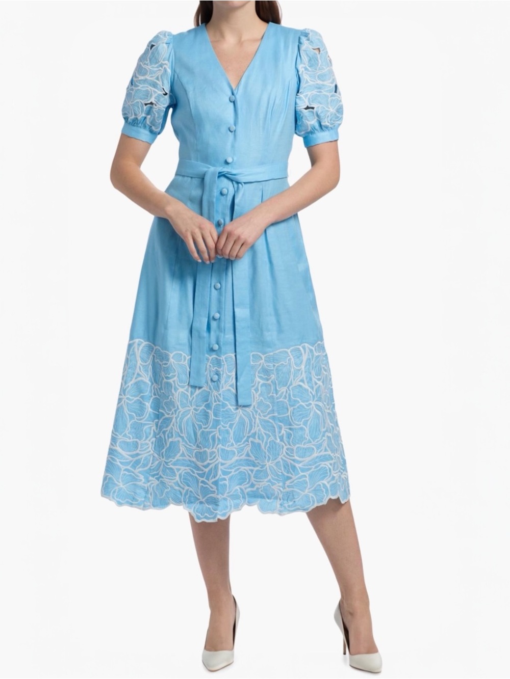 Elie Tahari The Jade Linen Eyelet Button Down Puff Short Sleeve Midi-Dress NEW